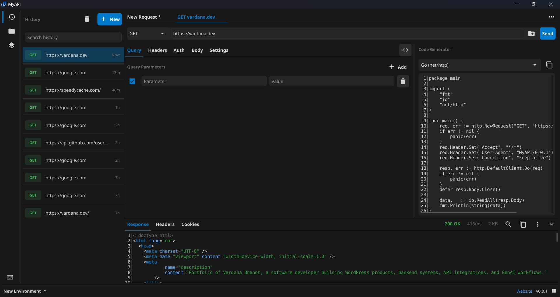 myAPI in dark mode — sending a request and generating PHP code