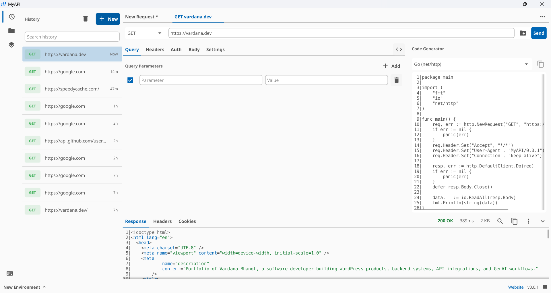 myAPI in light mode — sending a request and generating cURL code